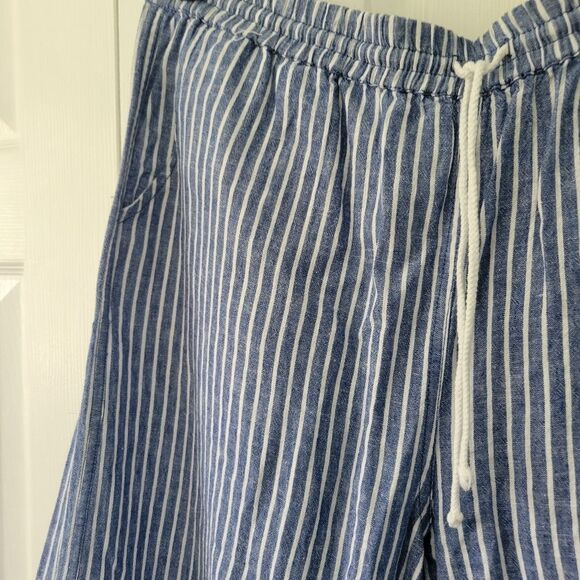 Beachlunchlounge Blue & White Stripe Wide Leg Crop Linen Blend Pants Size Large - Picture 3 of 4